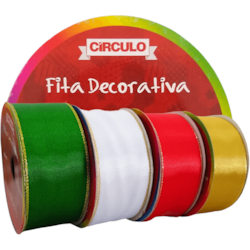 Fita de Cetim Decorativa 38mm 100% Poliéster Borda Dourada c/10m Círculo Fita de Cetim Decorativa 38mm 100% Poliéster Borda Dourada c/10m Círculo