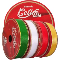 Fita de Cetim Gold 15mm 100% Poliéster Borda Dourada c/10 Metros Círculo Fita de Cetim Gold 15mm 100% Poliéster Borda Dourada c/10 Metros Círculo