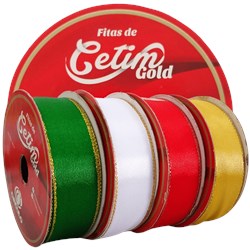 Fita de Cetim Gold 22mm 100% Poliéster Borda Dourada c/10 Metros Círculo