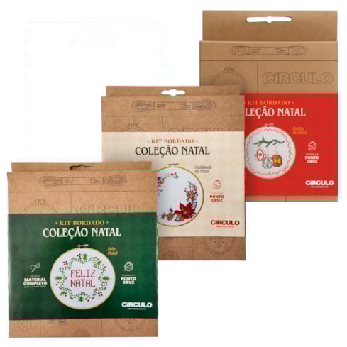 Kit de Bordado Ponto Cruz Coleção de Natal Círculo