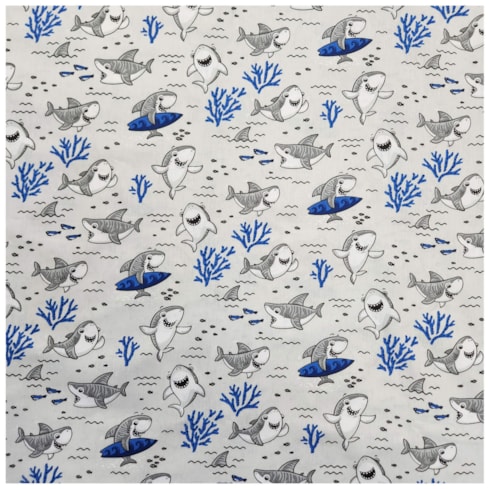 Tecido Tricoline 3D 50cm x 150cm Tubarões Aventureiros Cor 02 Caldeira