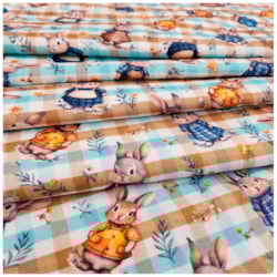 Tecido Tricoline de Páscoa 50cm x 150cm Coelhos Fundo Xadrez Caldeira